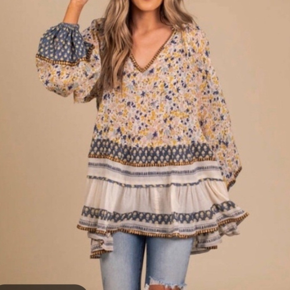 Free People Gardenia Floral Embellished Ivory Tunic Top Women L Boho Cottagecore